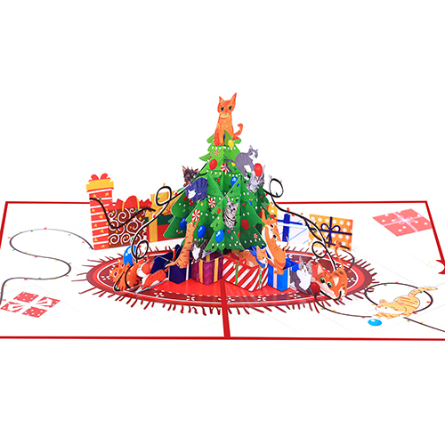 B2B Wholesale 3D Christmas Pop-Up Card - Factory-Direct Cat & Christmas Tree Paper Carving Greeting Card