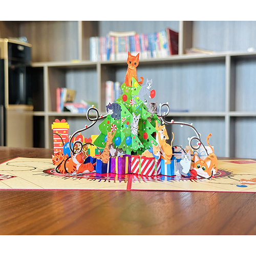 B2B Wholesale 3D Christmas Pop-Up Card - Factory-Direct Cat & Christmas Tree Paper Carving Greeting Card