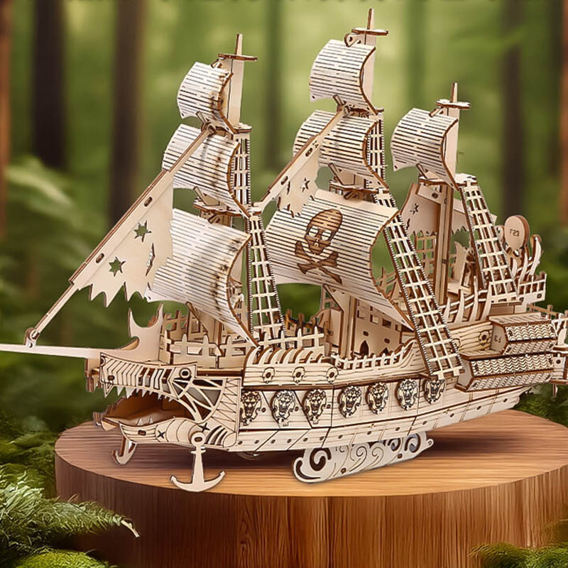 Premium Wooden 3D Pirate Ship Puzzle: Educational Model for Kids and Adults