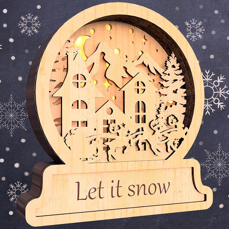 Wooden Christmas Snow Globe with Light: Flying Reindeer & Santa