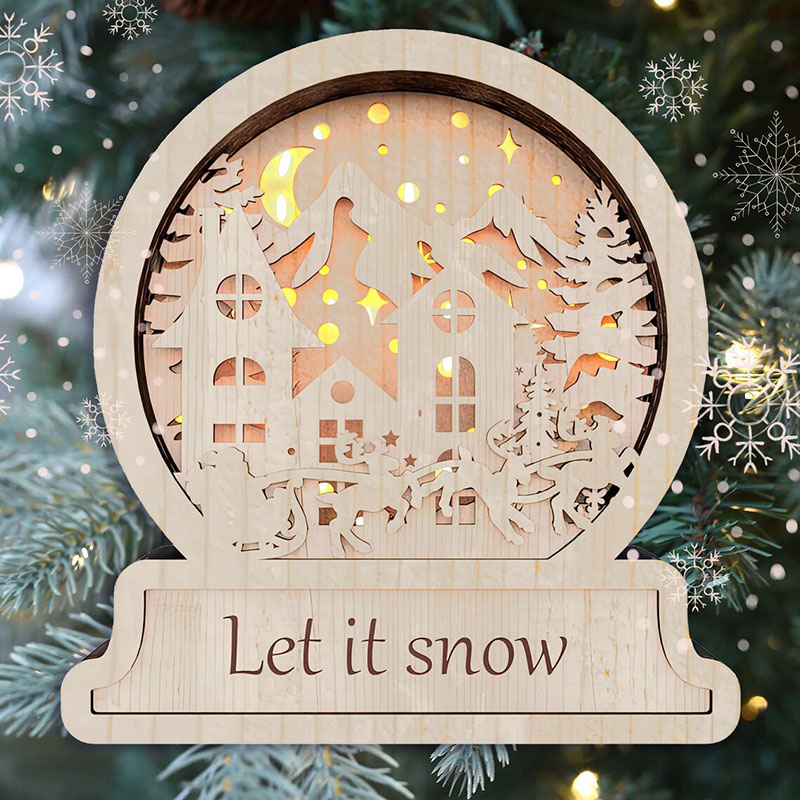 Wooden Christmas Snow Globe with Light: Flying Reindeer & Santa