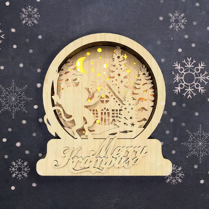 Wooden Christmas Snow Globe with Light: Flying Reindeer & Santa