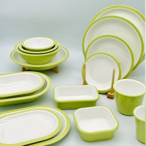 ชุดจานชามเมลามีน-จานชามสองสี เขียว-ขาว