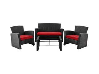 Set Sofa Santai Empat Potong Rotan Hitam dan Merah