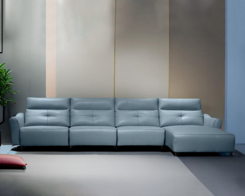 Sofá-chaise de couro com pés de madeira