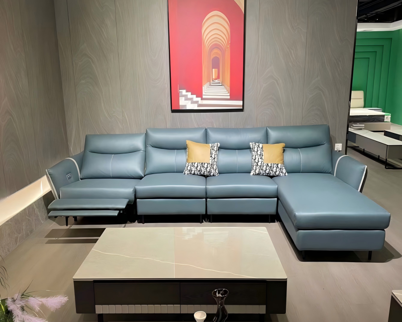 Luxurious Blue Leather Modular Electric Sofa