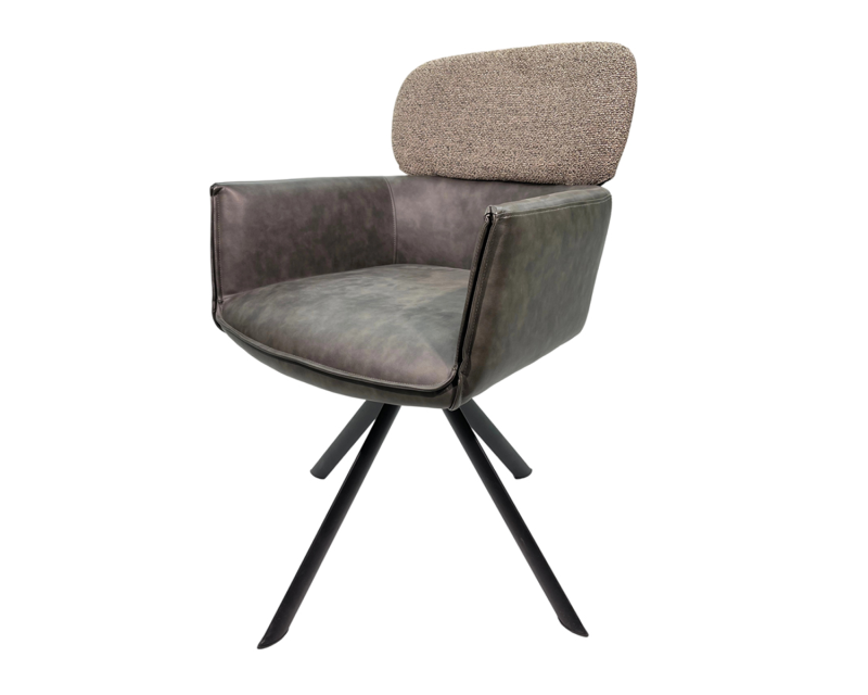 Chaise de salle à manger pivotante moderne en métal – Revêtement en cuir noir et lin gris | Siège pivotant élégant