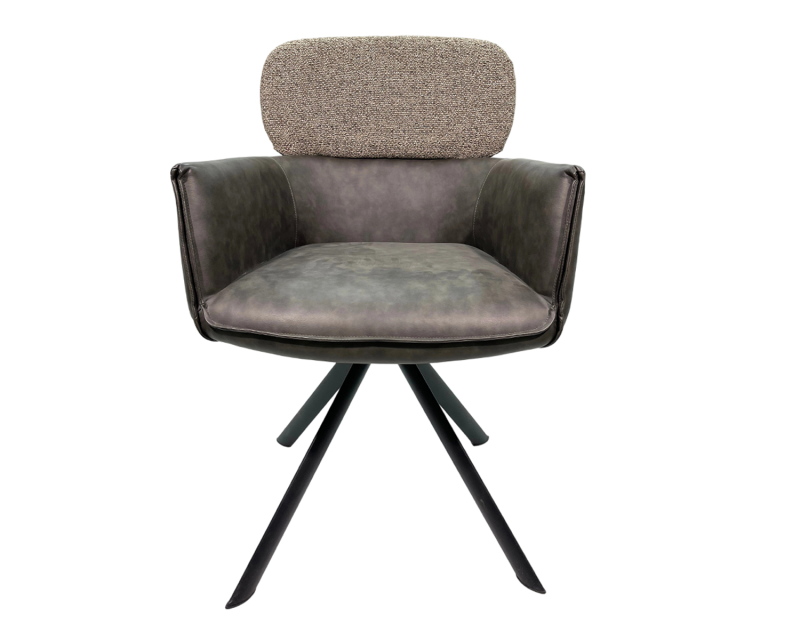 Chaise de salle à manger pivotante moderne en métal – Revêtement en cuir noir et lin gris | Siège pivotant élégant
