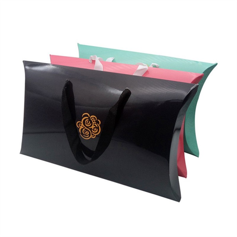 Glossy lamination custom printing logo wig/bundles paper pillow packaging box with ribbon handle