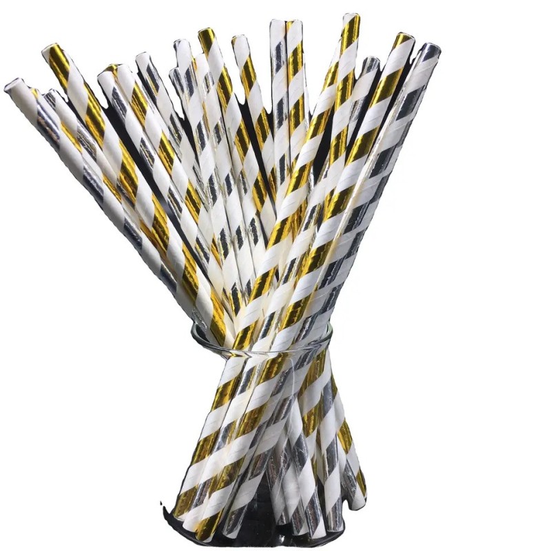 Wholesale 20cm Long Eco Friendly Disposable Gold Printing Drinking Paper Straws