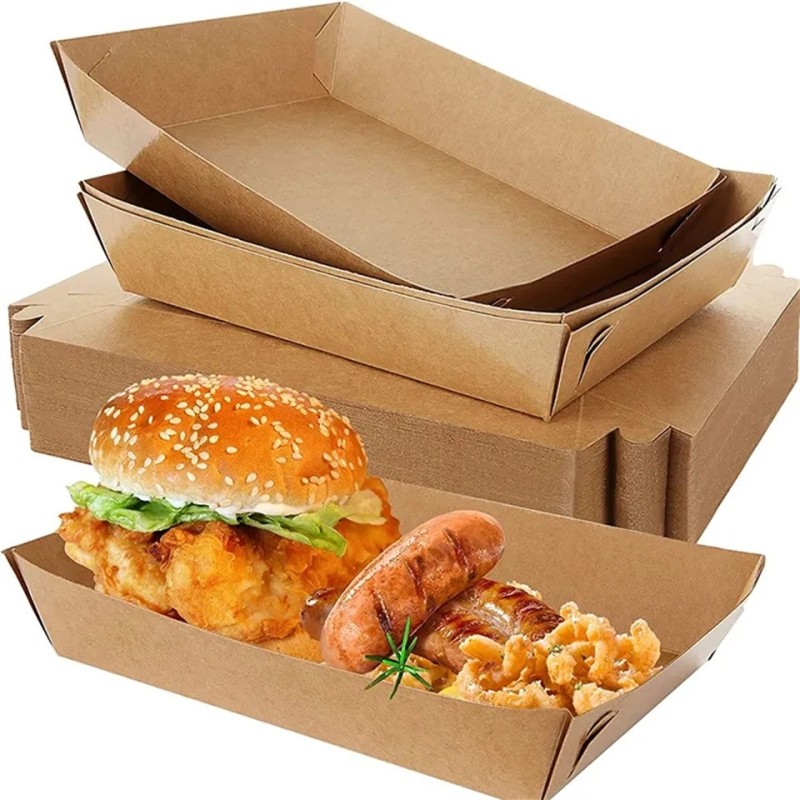 Wholesale manufacturer disposable plain brown kraft food container hot dog paper tray