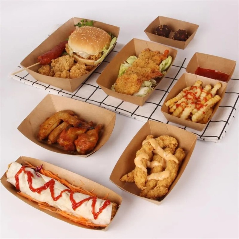 Custom Printed Disposable Boat Shaped Burger Hot Dog Kraft Paper Tray