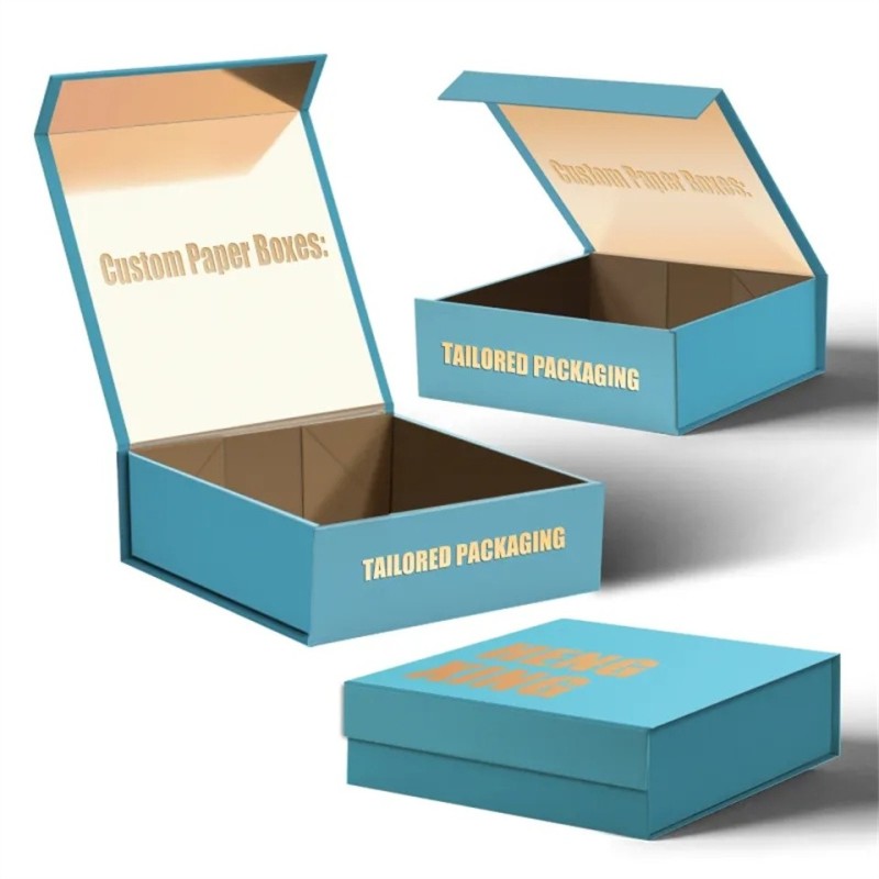 Custom luxury blue printed clothing packaging foldable magnetic paper gift box