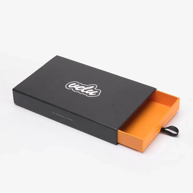 Customized logo matte black hot foil cardboard rigid paper drawer gift boxes with ribbon