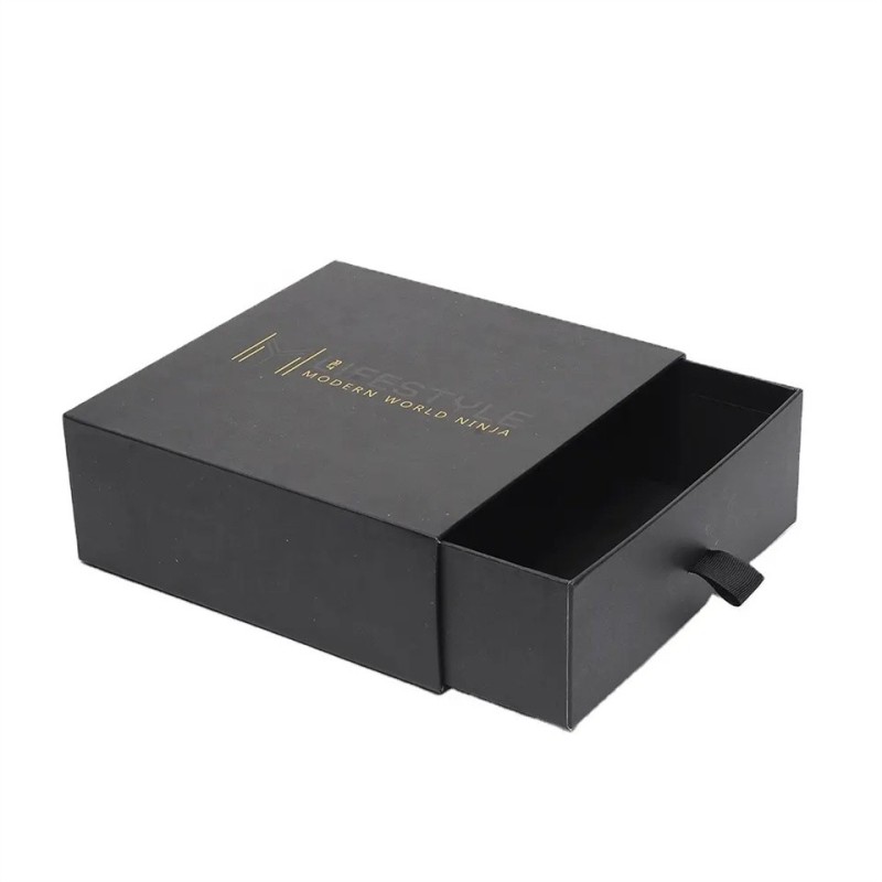 Customised Spot UV Logo Small Pull Out Ribbon Black Matte Rigid Paper Drawer Gift Boxes