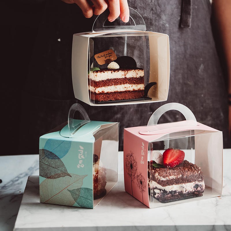 2025 new innovative slice cake packaging box with PET window and handle.