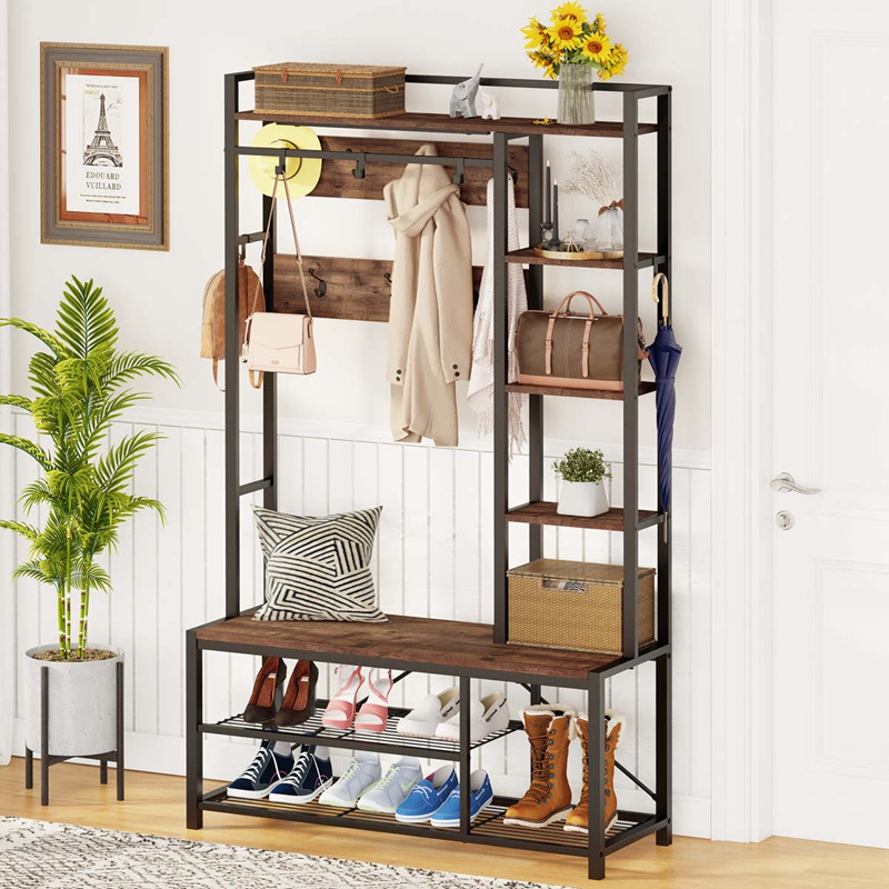 Entryway Hall Tree Coat Rack With Bench And Shoe Storage