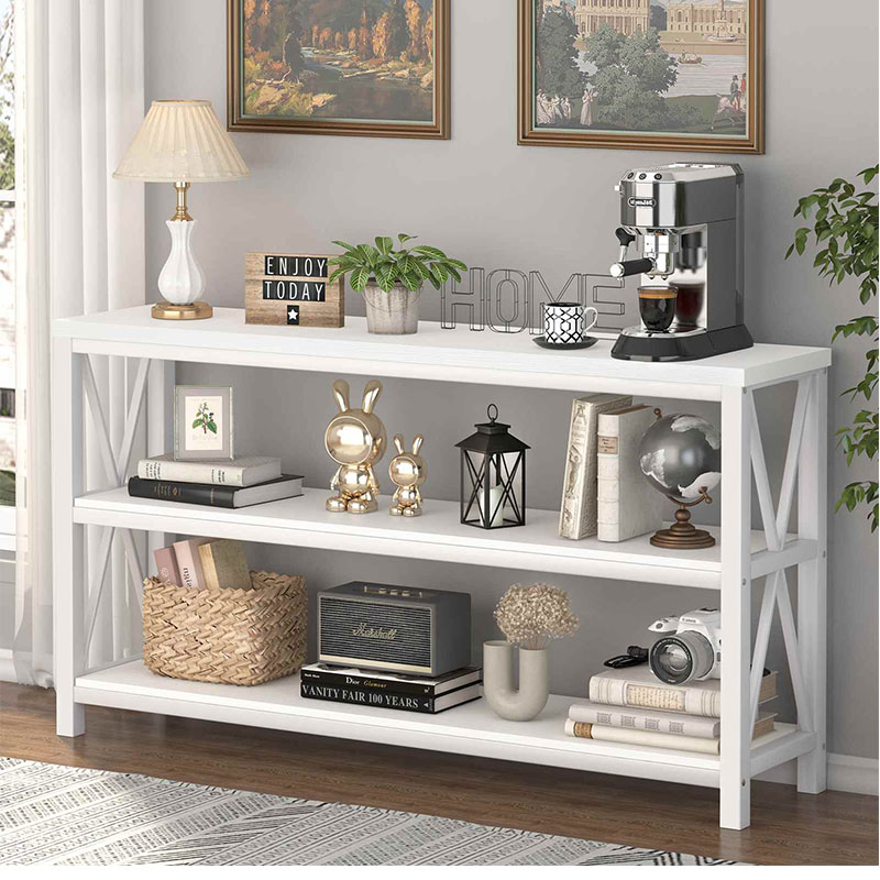 Modernong White Metal Sofa Console Table na may Mga Istante