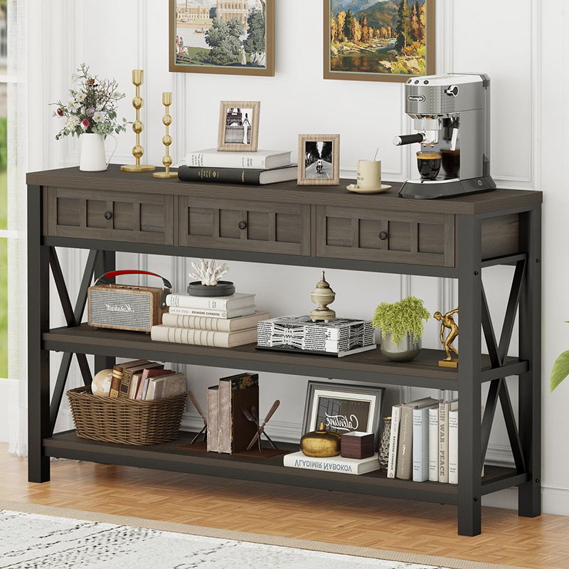 Farmhouse Long Console Table with 3 Drawers,Walnut Brown