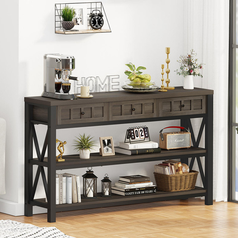 Farmhouse Long Console Table with 3 Drawers,Walnut Brown