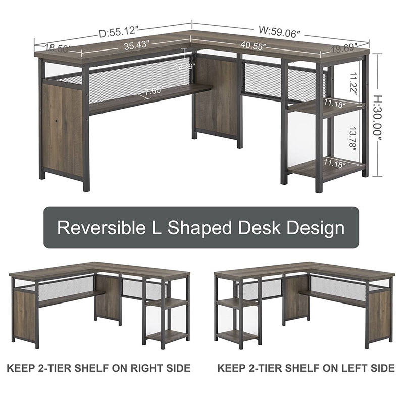 Mesa de computador industrial em formato de L com prateleiras, marrom nogueira