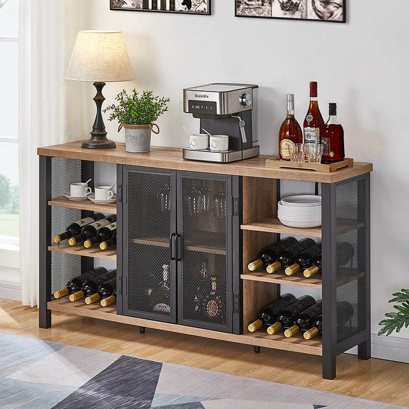 Industrial Wood Bar Cabinet with Wine Rack for Kitchen