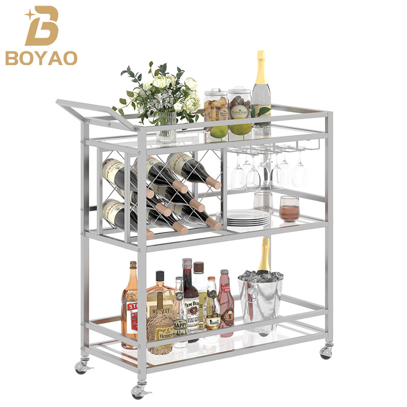 Mga Modernong Silver Bar Trolley Cart na may Imbakan