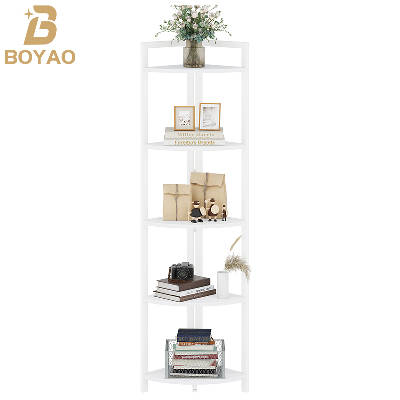 5 Tiers Tall Corner Display Shelf with Storage, White