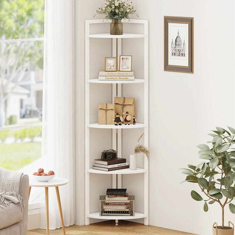 5 Tiers Tall Corner Display Shelf na may Imbakan, Puti