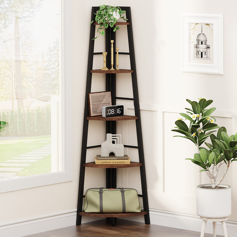 Tall Narrow Corner Leaning Ladder Shelf, Wooden