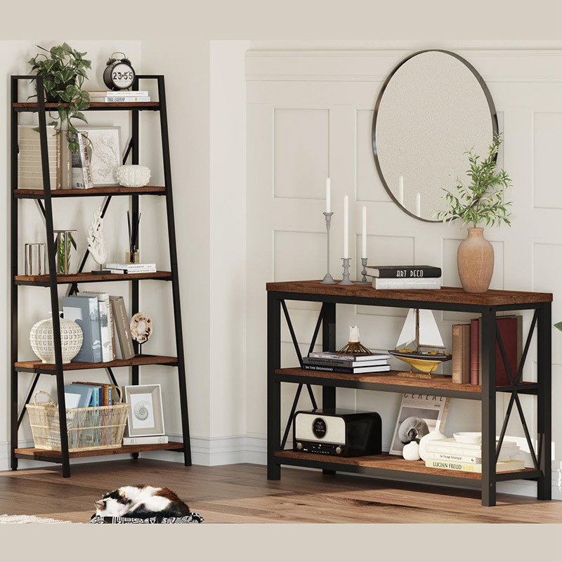 Librería rústica con escalera inclinada de 5 niveles para cocina, marrón