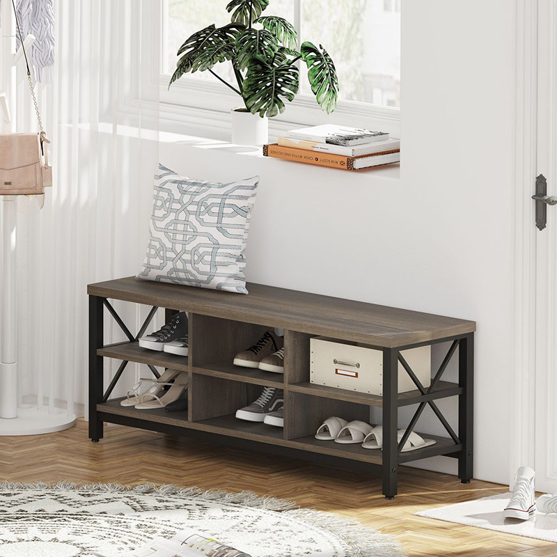 Industrial Wood Shoe Storage Bench for Hallway