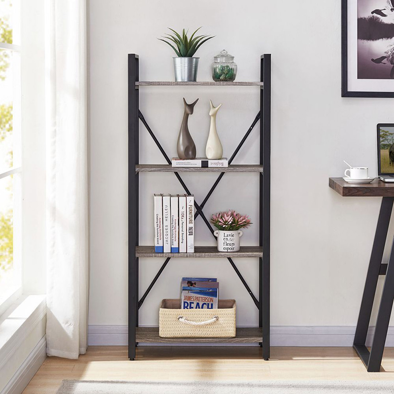 Industrial 4 Tiers Bookcase para sa Sala, Kahoy at Madilim na Grey