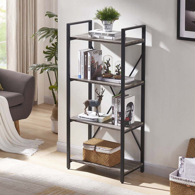 Industrial 4 Tiers Bookcase para sa Sala, Kahoy at Madilim na Grey