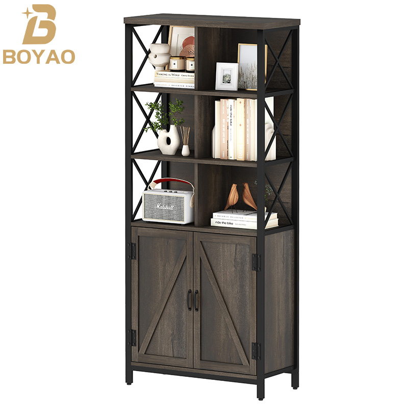 Rustic Malaking Tall Bookshelf na may mga Pintuan para sa Sala