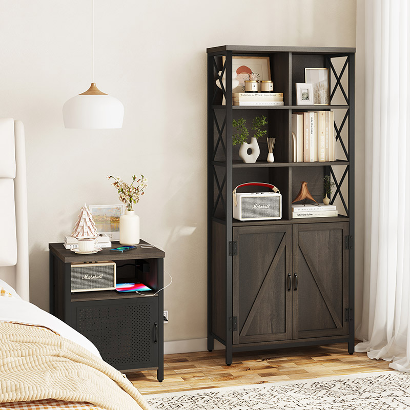 Rustic Large Tall Bookshelf with Doors for Living Room