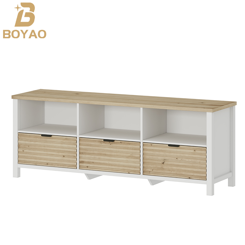 Kabinet Media Stand TV White Oak dengan 3 Laci