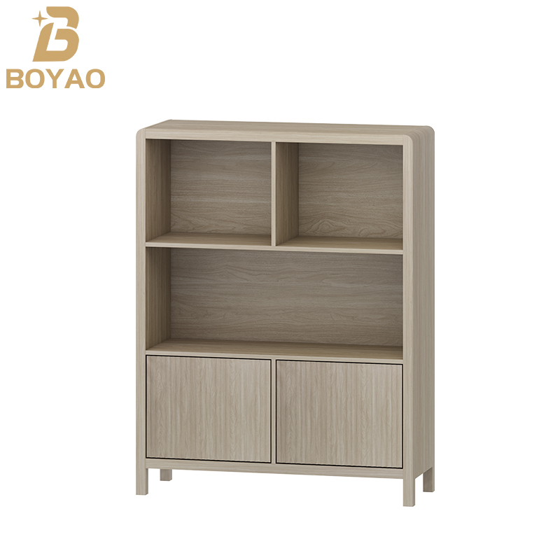 Light Walnut Cubby Bookshelf with Doors for Kitchen