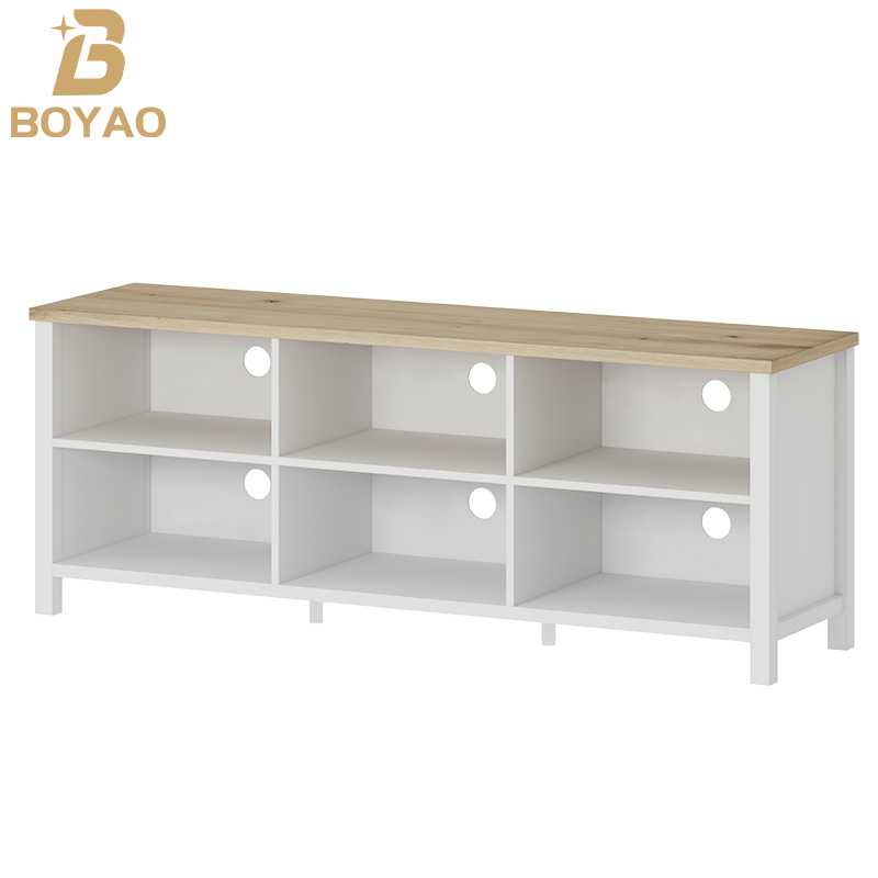 Mueble para TV contemporáneo de roble blanco con estantes de almacenamiento