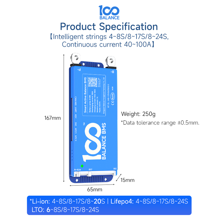 Smart BMS Active Balance Current 1A 4-24S Lifepo4 Li-ion LTO Battery Protection Board 40-100A Current Lithium Battery BMS