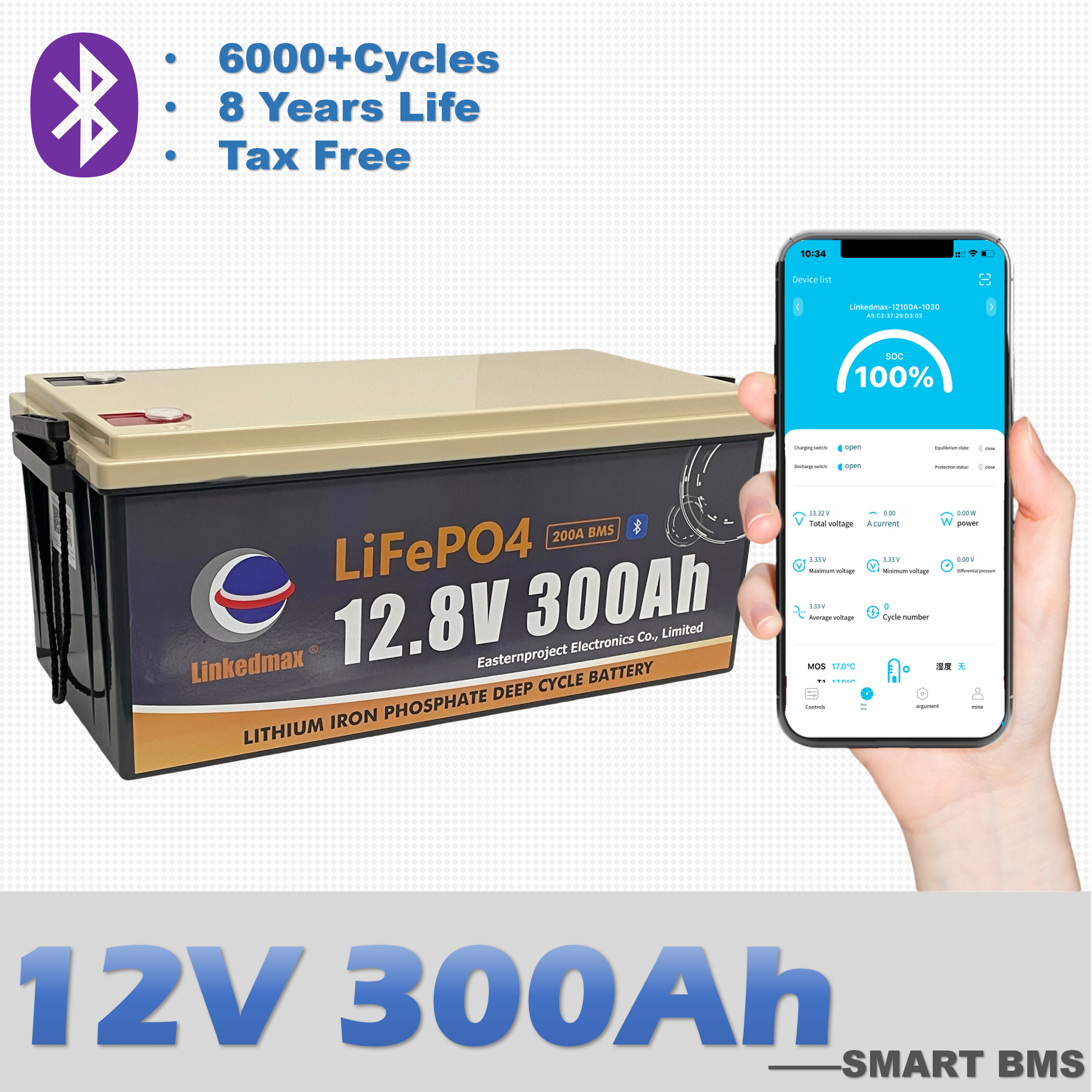 Bateria Lifepo4 12,8 V 300 AH íon de lítio recarregável com conexão Bluetooth