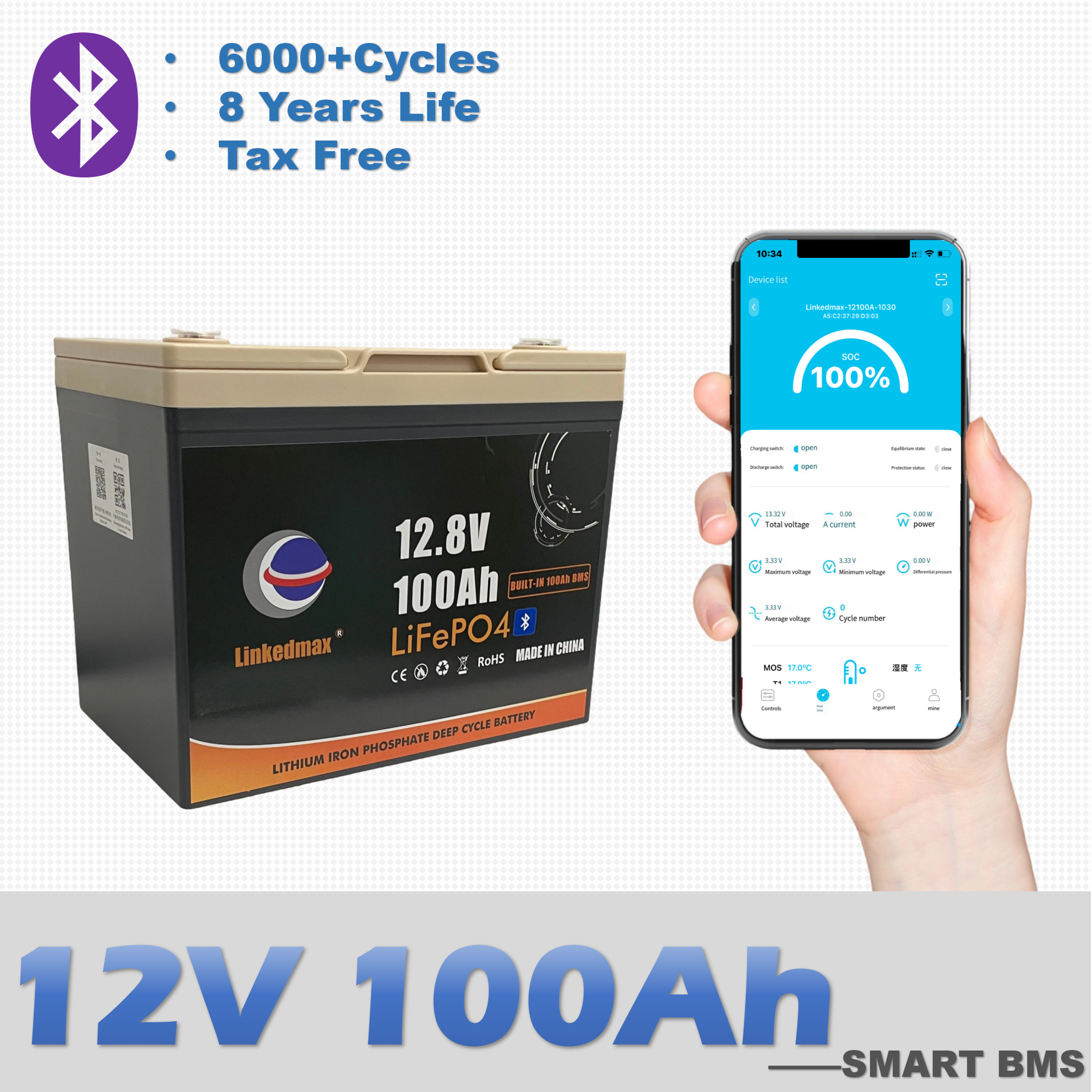 Lifepo4 Battery pack 12.8V 100AH Lithium Ion Rechargeable with bluetooth connection