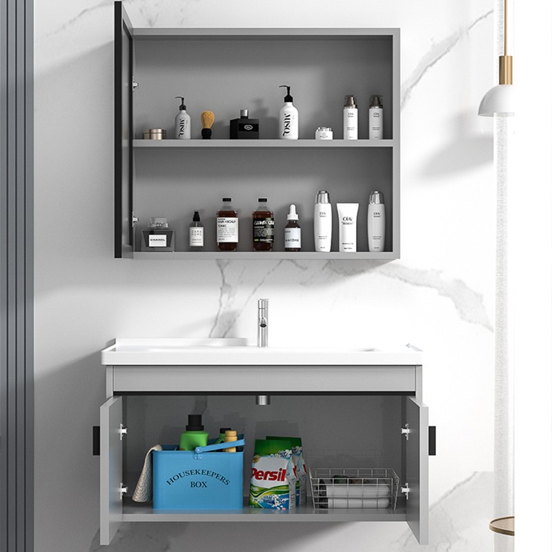 Modern Grey Bathroom Vanity Cabinet With Ceramic Basin and Handles