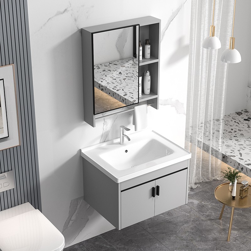 Modern Grey Bathroom Vanity Cabinet With Ceramic Basin and Handles