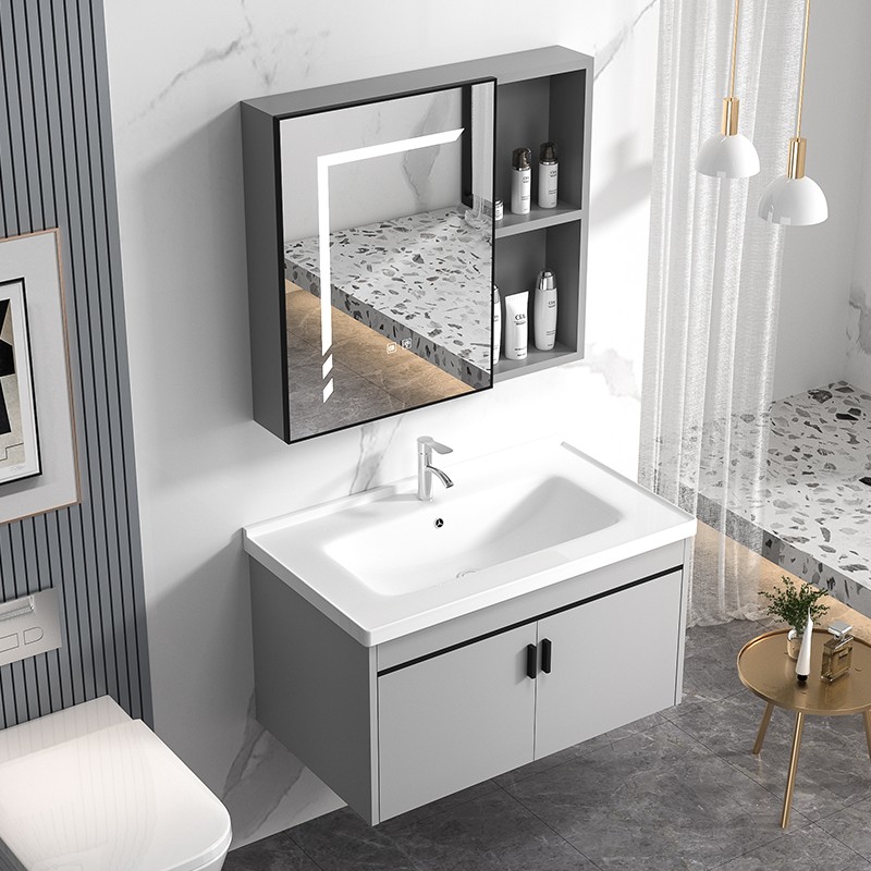 Modern Grey Bathroom Vanity Cabinet With Ceramic Basin and Handles