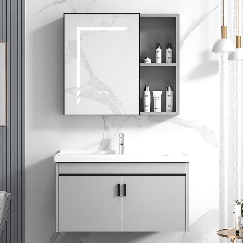 Modern Grey Bathroom Vanity Cabinet With Ceramic Basin and Handles