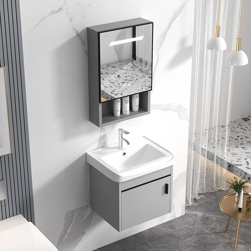 Modern Grey Bathroom Vanity Cabinet With Ceramic Basin and Handles