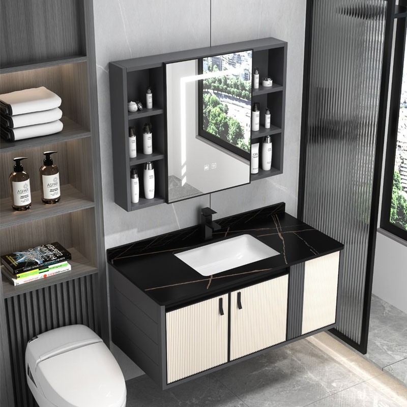 Striped Bathroom Vanity Cabinet With Sintered Stone Basin