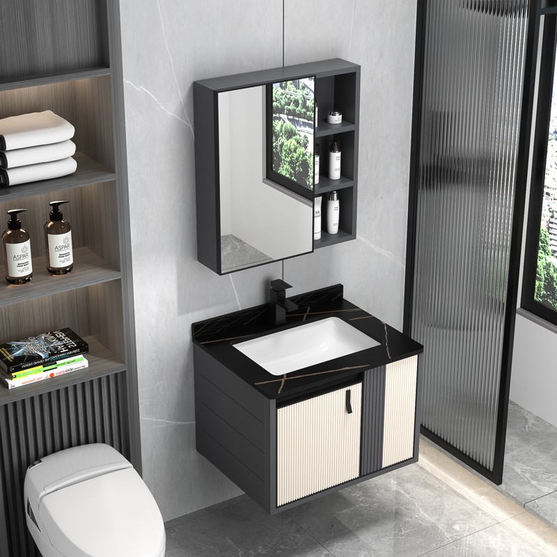 Striped Bathroom Vanity Cabinet With Sintered Stone Basin