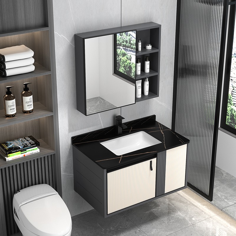 Striped Bathroom Vanity Cabinet With Sintered Stone Basin